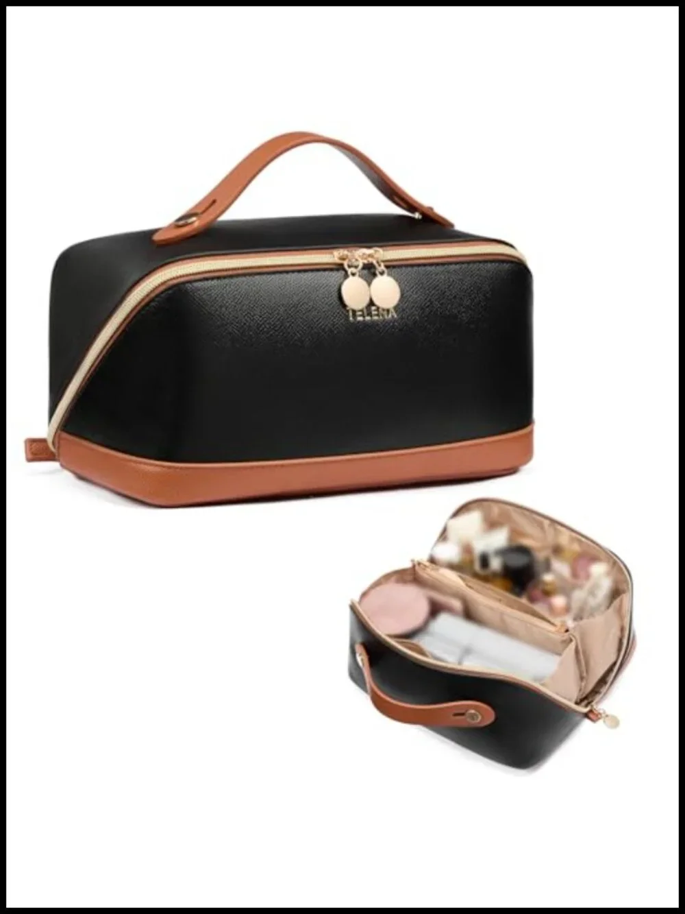 Water Resistant PU Leather Cosmetic Bag Travel Makeup Organizer Large Capacity
